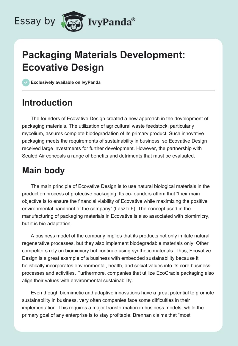 Packaging Materials Development: Ecovative Design. Page 1