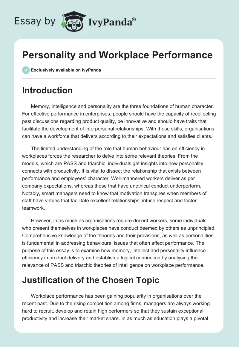 Personality and Workplace Performance. Page 1