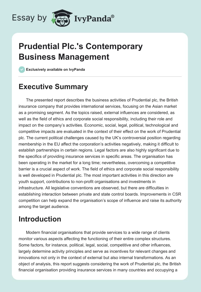 Prudential Plc.'s Contemporary Business Management. Page 1