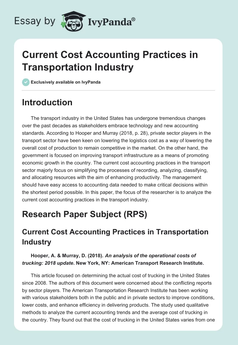 Current Cost Accounting Practices in Transportation Industry. Page 1