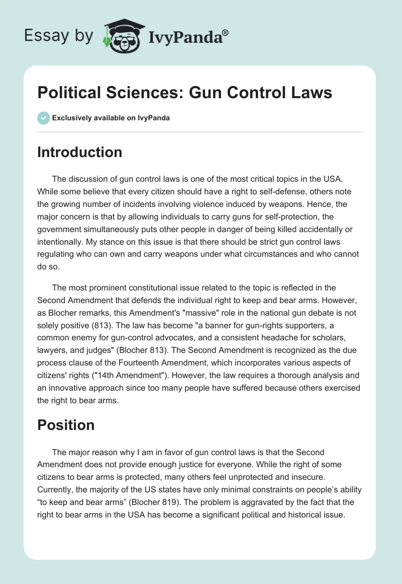Political Sciences: Gun Control Laws. Page 1