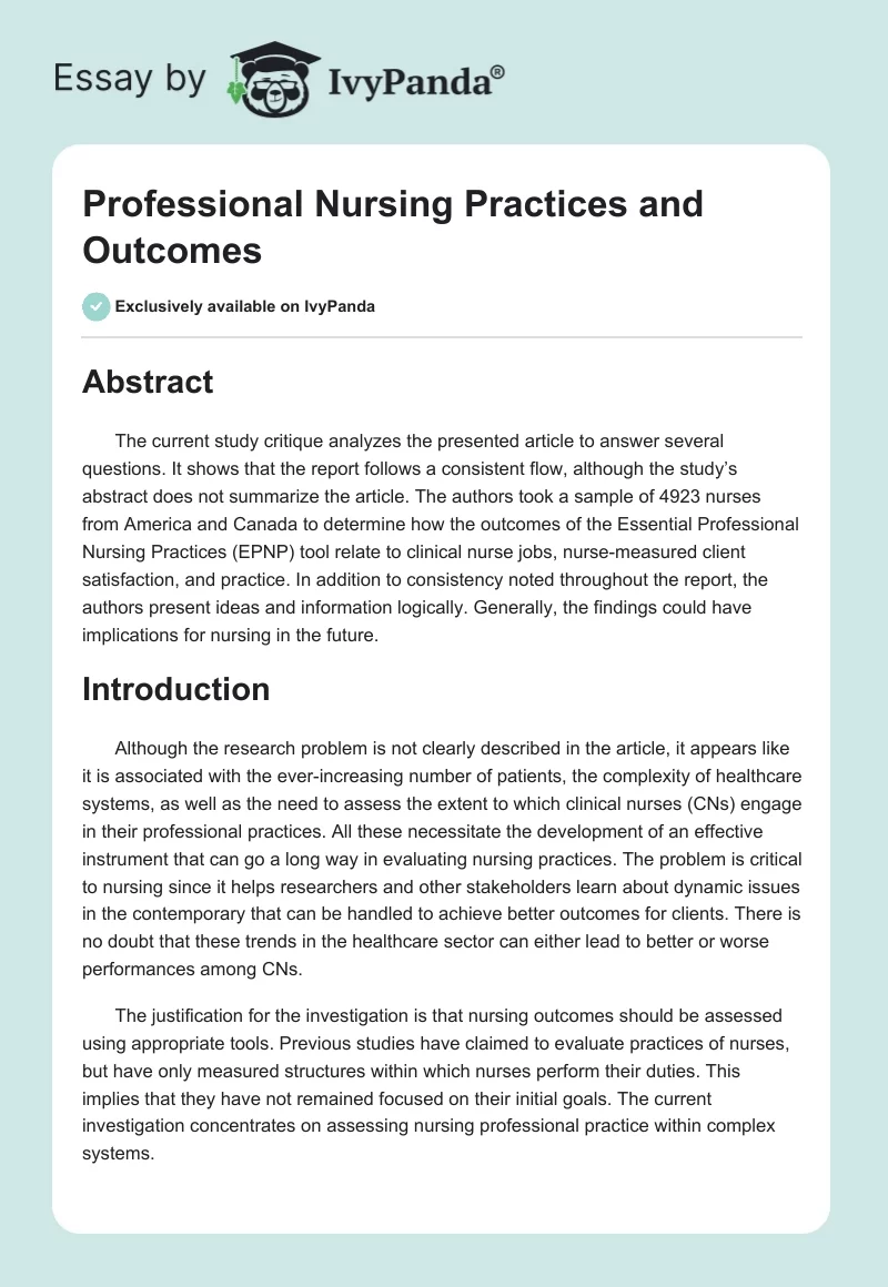 Professional Nursing Practices and Outcomes. Page 1