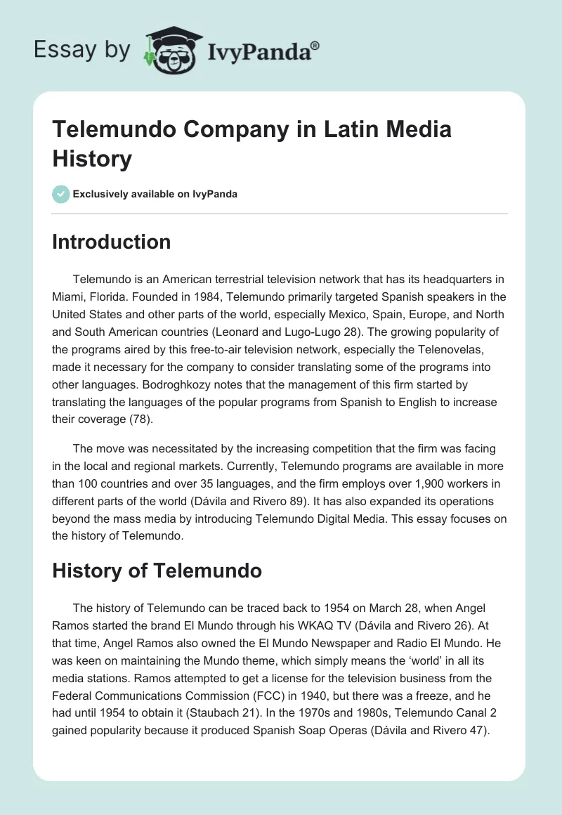 Telemundo Company in Latin Media History. Page 1