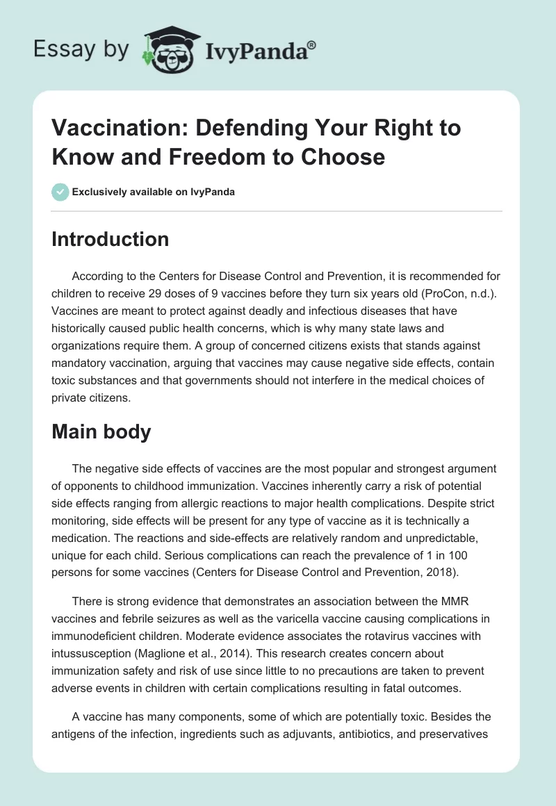 Vaccination: Defending Your Right to Know and Freedom to Choose. Page 1