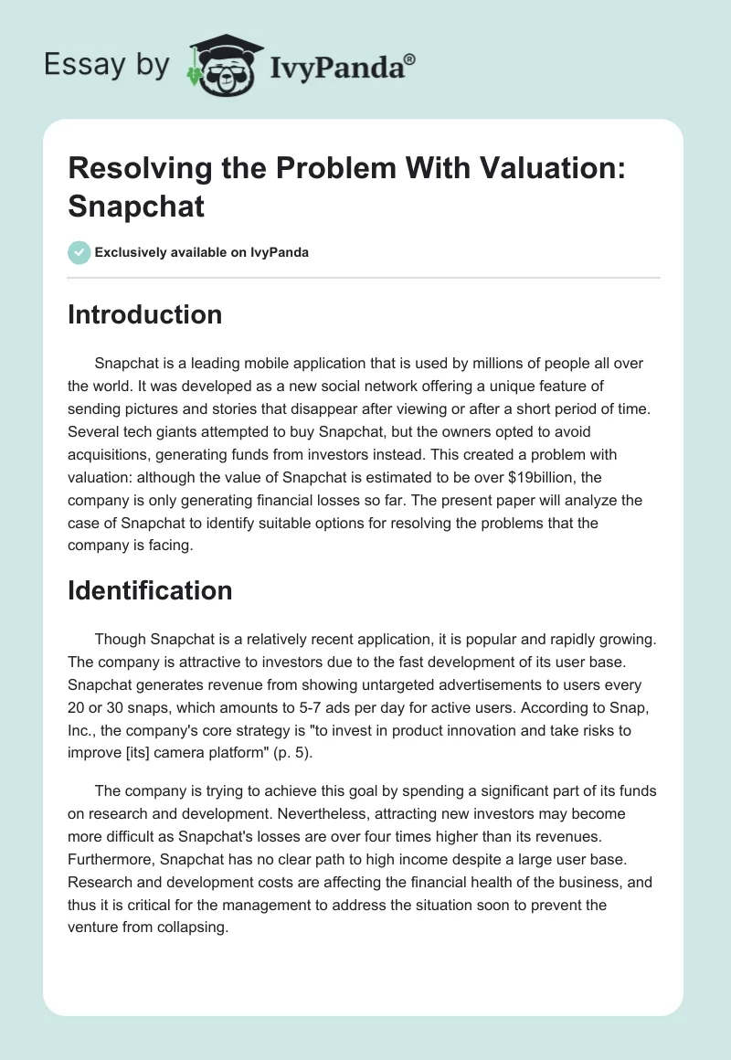 Resolving the Problem With Valuation: Snapchat. Page 1