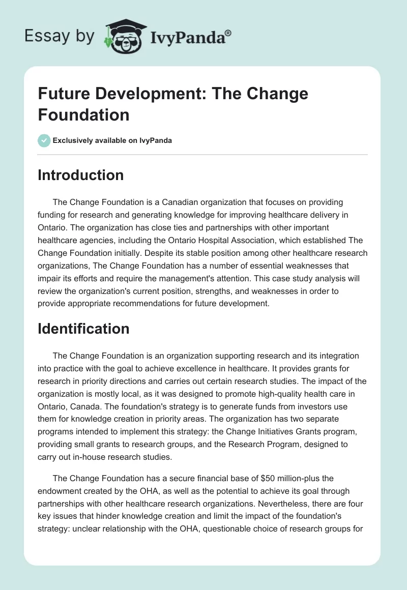 Future Development: The Change Foundation. Page 1
