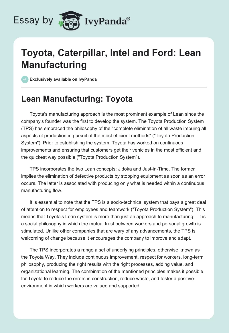Toyota, Caterpillar, Intel and Ford: Lean Manufacturing. Page 1