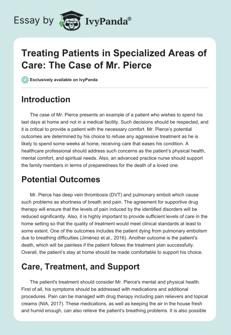 Treating Patients in Specialized Areas of Care: The Case of Mr. Pierce. Page 1