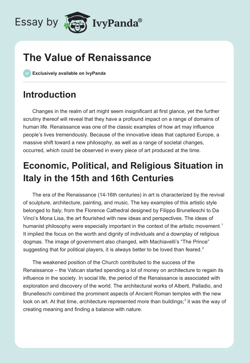 The Value of Renaissance. Page 1