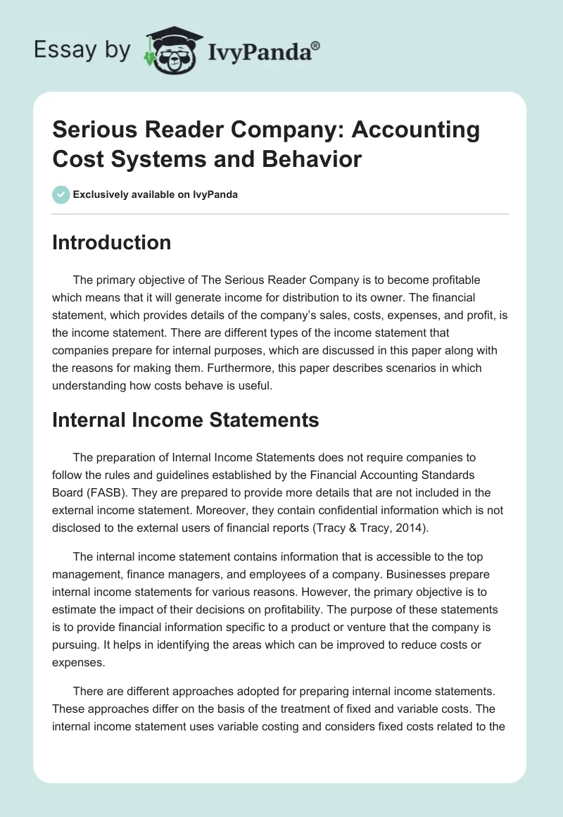 Serious Reader Company: Accounting Cost Systems and Behavior. Page 1