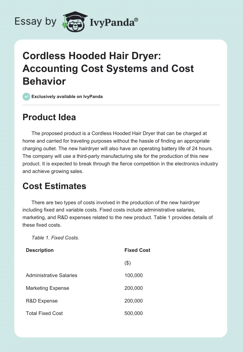 Cordless Hooded Hair Dryer: Accounting Cost Systems and Cost Behavior. Page 1