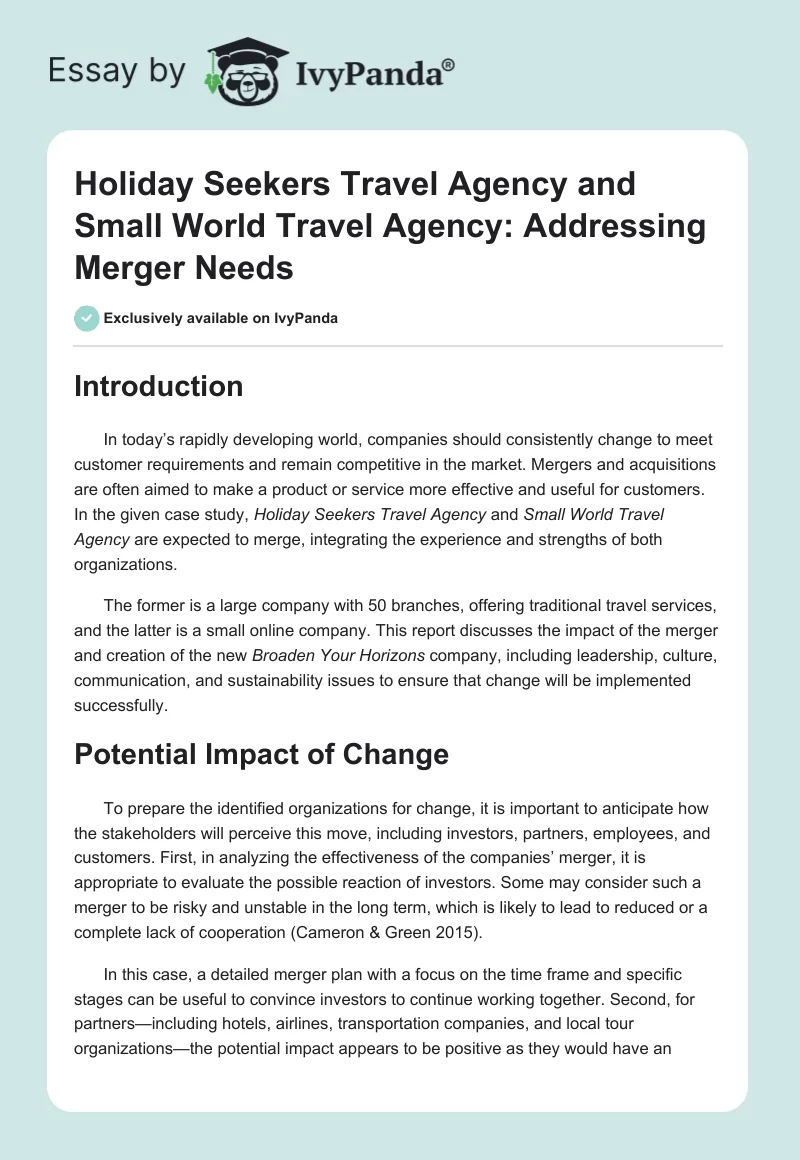 Holiday Seekers Travel Agency and Small World Travel Agency: Addressing Merger Needs. Page 1
