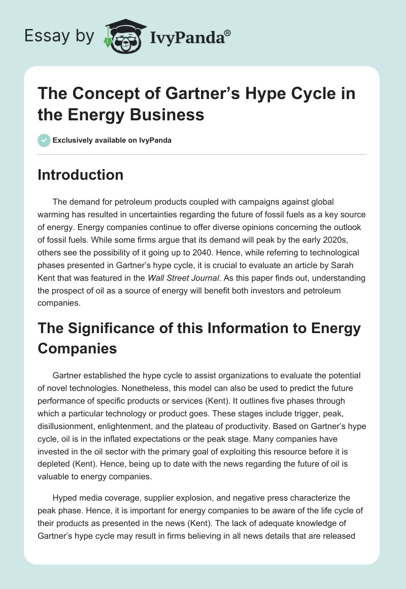 The Concept of Gartner’s Hype Cycle in the Energy Business. Page 1