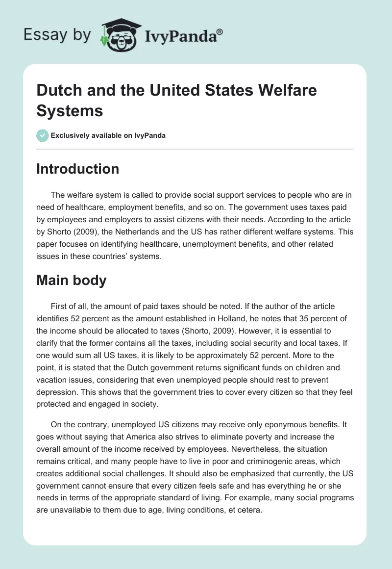 Dutch and the United States Welfare Systems. Page 1