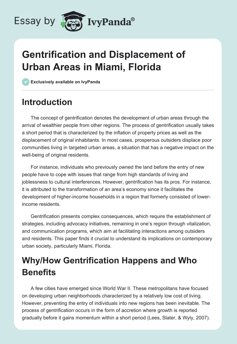 Gentrification and Displacement of Urban Areas in Miami, Florida. Page 1