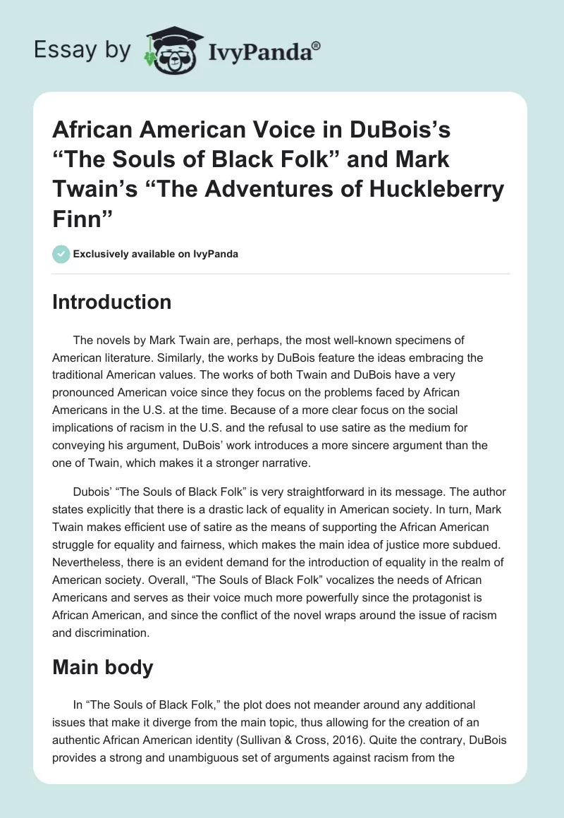 African American Voice in DuBois’s “The Souls of Black Folk” and Mark Twain’s “The Adventures of Huckleberry Finn”. Page 1