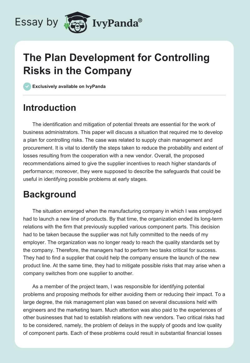 The Plan Development for Controlling Risks in the Company. Page 1