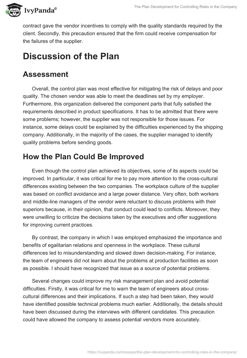 The Plan Development for Controlling Risks in the Company. Page 3