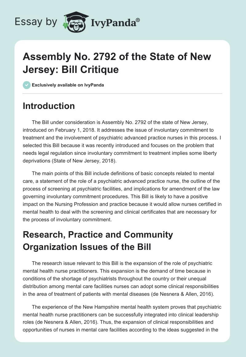 Assembly No. 2792 of the State of New Jersey: Bill Critique. Page 1