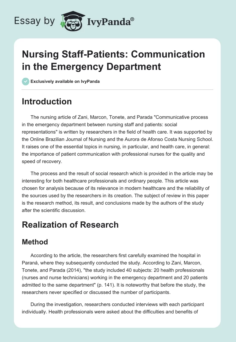 Nursing Staff-Patients: Communication in the Emergency Department. Page 1