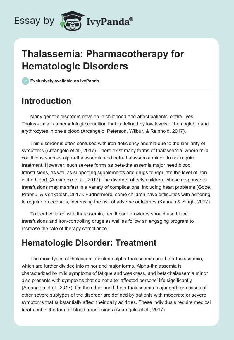 Thalassemia: Pharmacotherapy for Hematologic Disorders. Page 1
