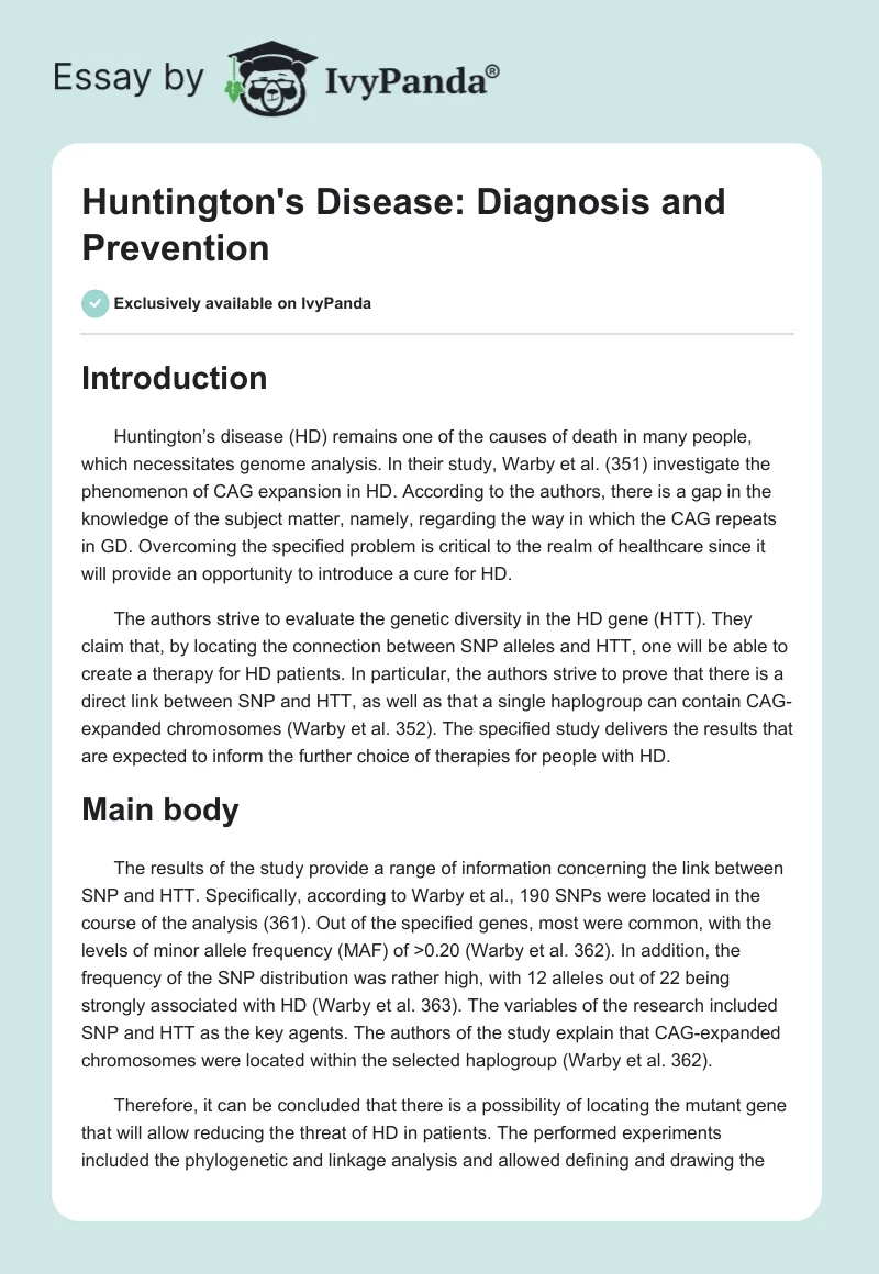 Huntington's Disease: Diagnosis and Prevention. Page 1