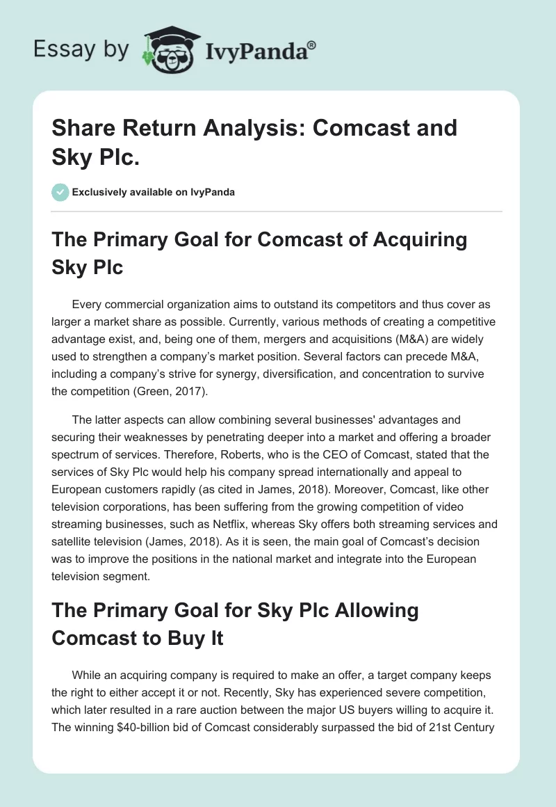 Share Return Analysis: Comcast and Sky Plc.. Page 1