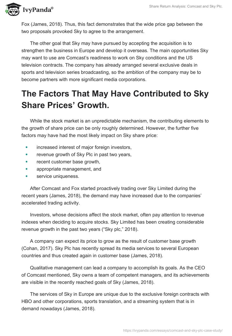 Share Return Analysis: Comcast and Sky Plc.. Page 2