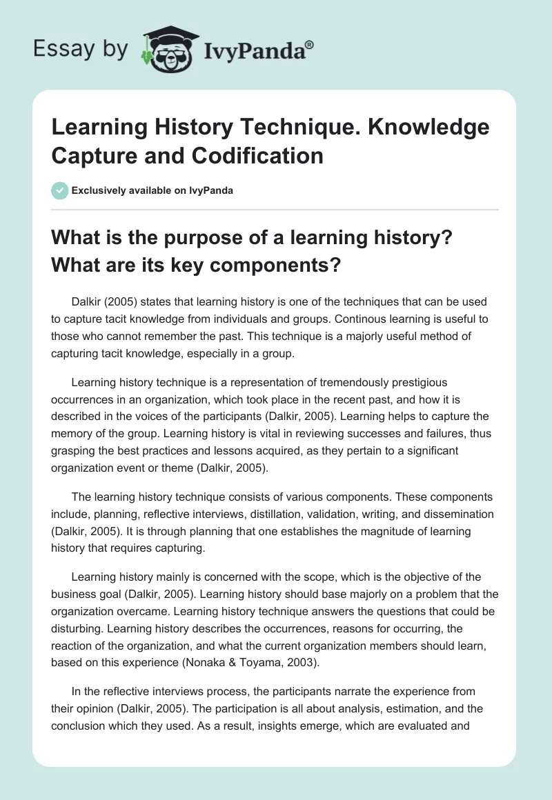 Learning History Technique. Knowledge Capture and Codification. Page 1