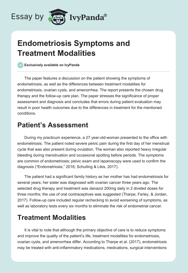 Endometriosis Symptoms and Treatment Modalities. Page 1