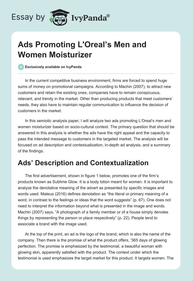Ads Promoting L'Oreal’s Men and Women Moisturizer. Page 1