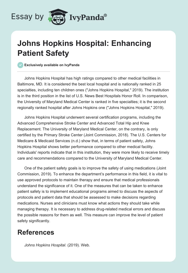 Johns Hopkins Hospital: Enhancing Patient Safety. Page 1