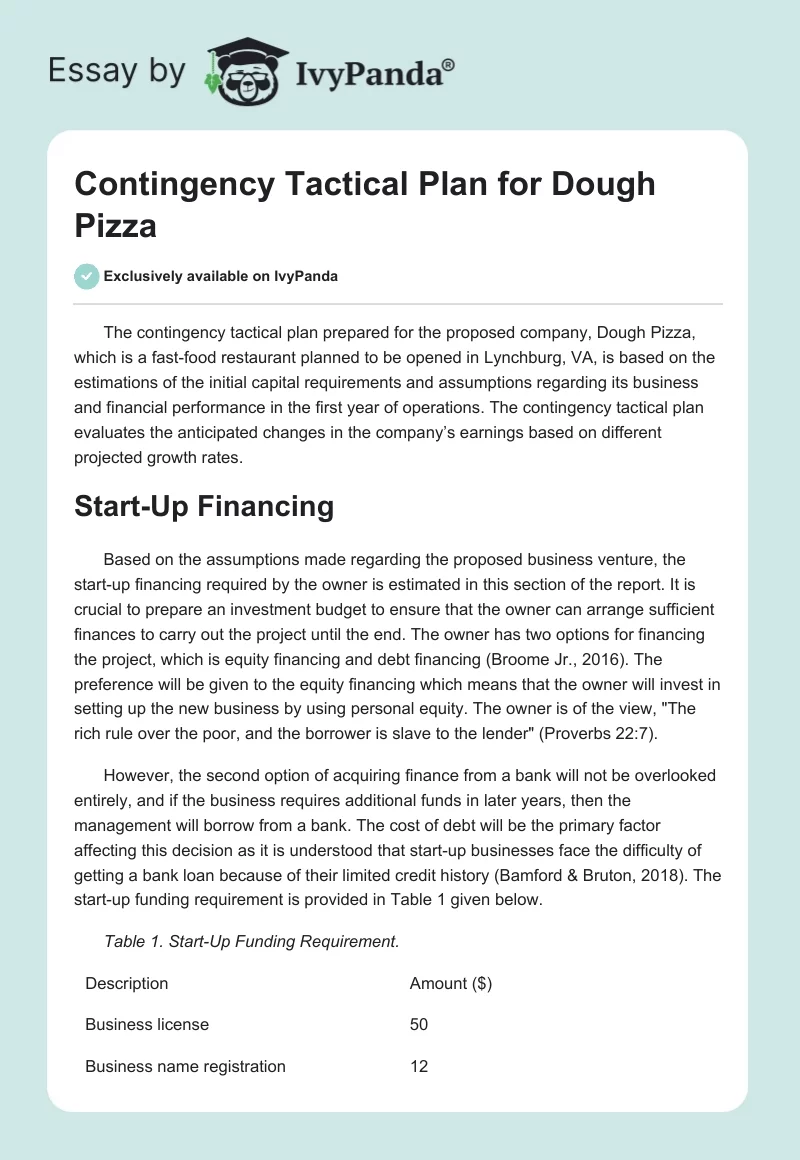Contingency Tactical Plan for Dough Pizza. Page 1