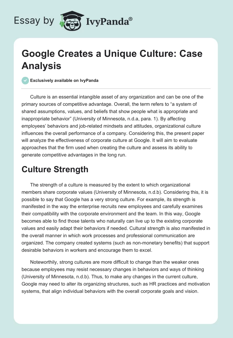Google Creates a Unique Culture: Case Analysis. Page 1