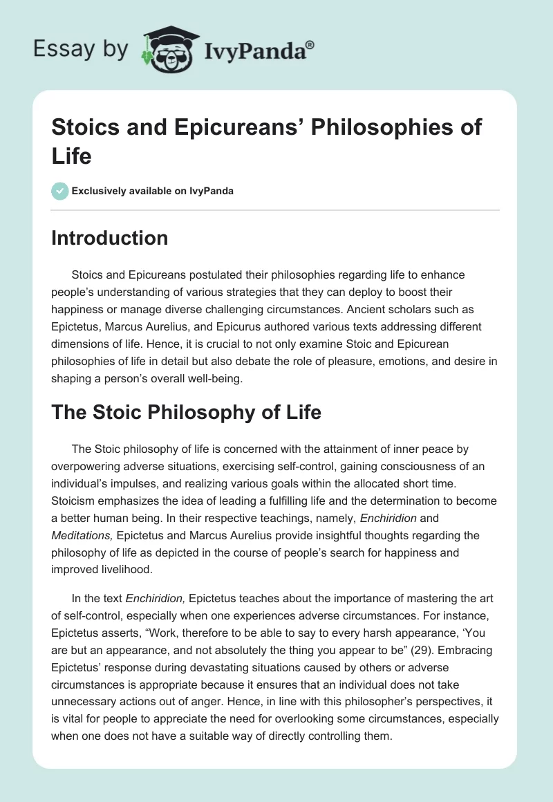 Stoics and Epicureans’ Philosophies of Life. Page 1