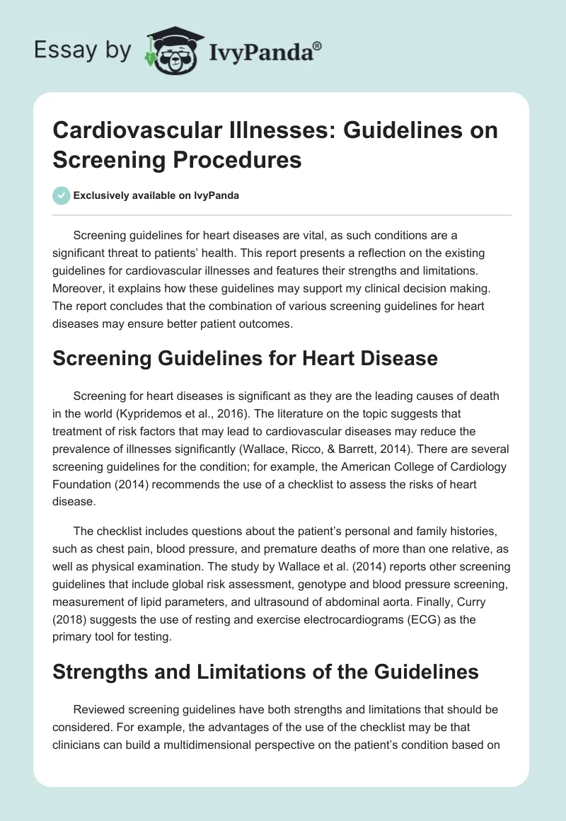 Cardiovascular Illnesses: Guidelines on Screening Procedures. Page 1