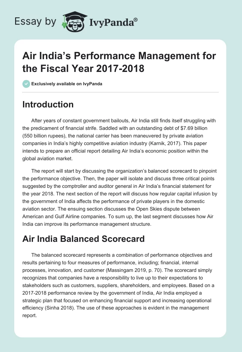 Air India’s Performance Management for the Fiscal Year 2017-2018. Page 1