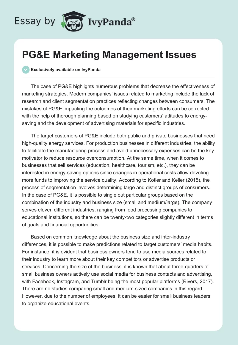 PG&E Marketing Management Issues. Page 1