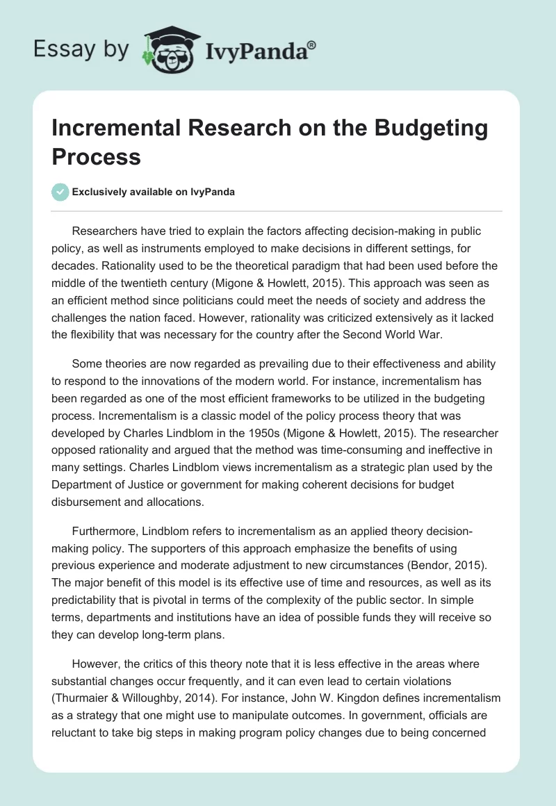 Incremental Research on the Budgeting Process. Page 1