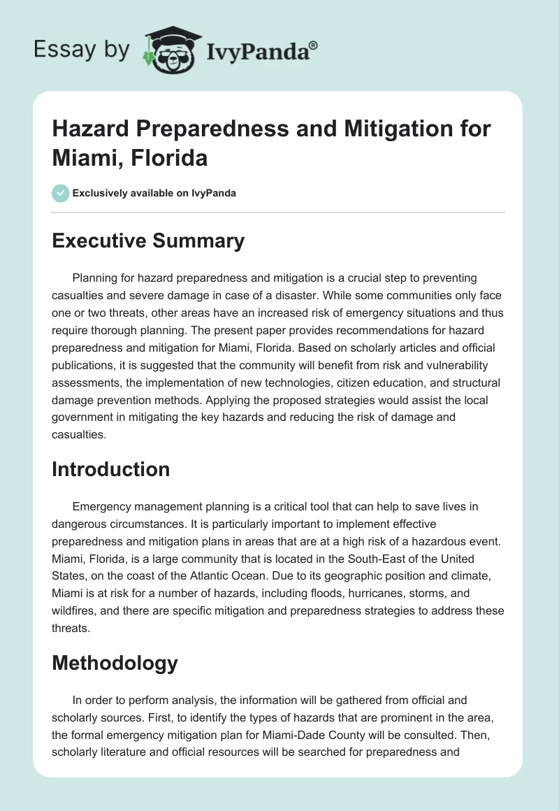 Hazard Preparedness and Mitigation for Miami, Florida. Page 1