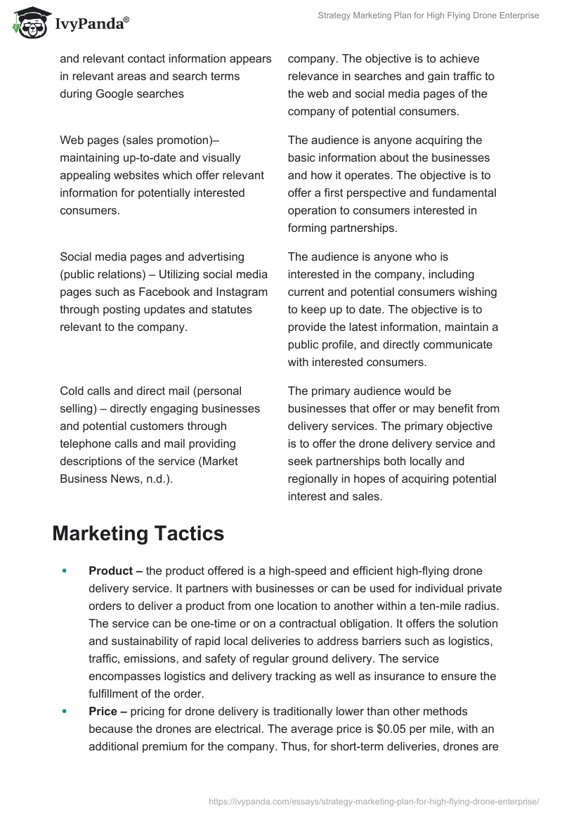 Strategy Marketing Plan for "High Flying Drone Enterprise". Page 5