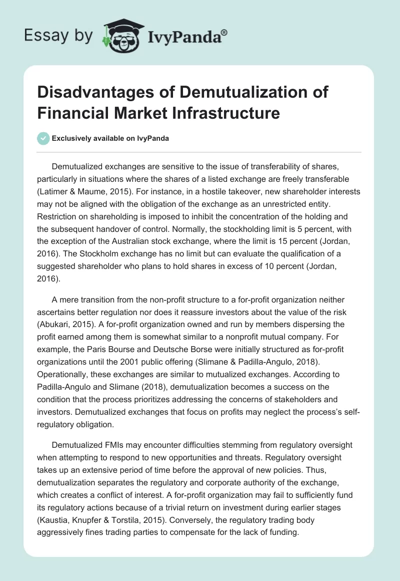 Disadvantages of Demutualization of Financial Market Infrastructure. Page 1