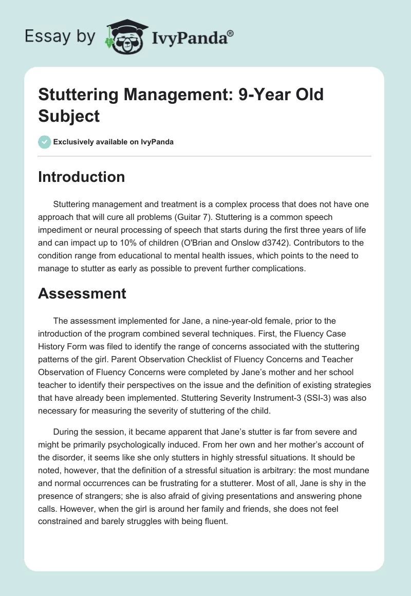 Stuttering Management: 9-Year Old Subject. Page 1