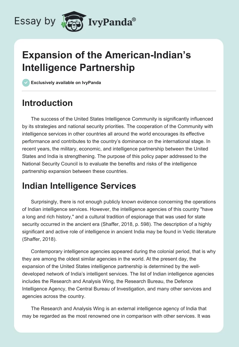Expansion of the American-Indian’s Intelligence Partnership. Page 1