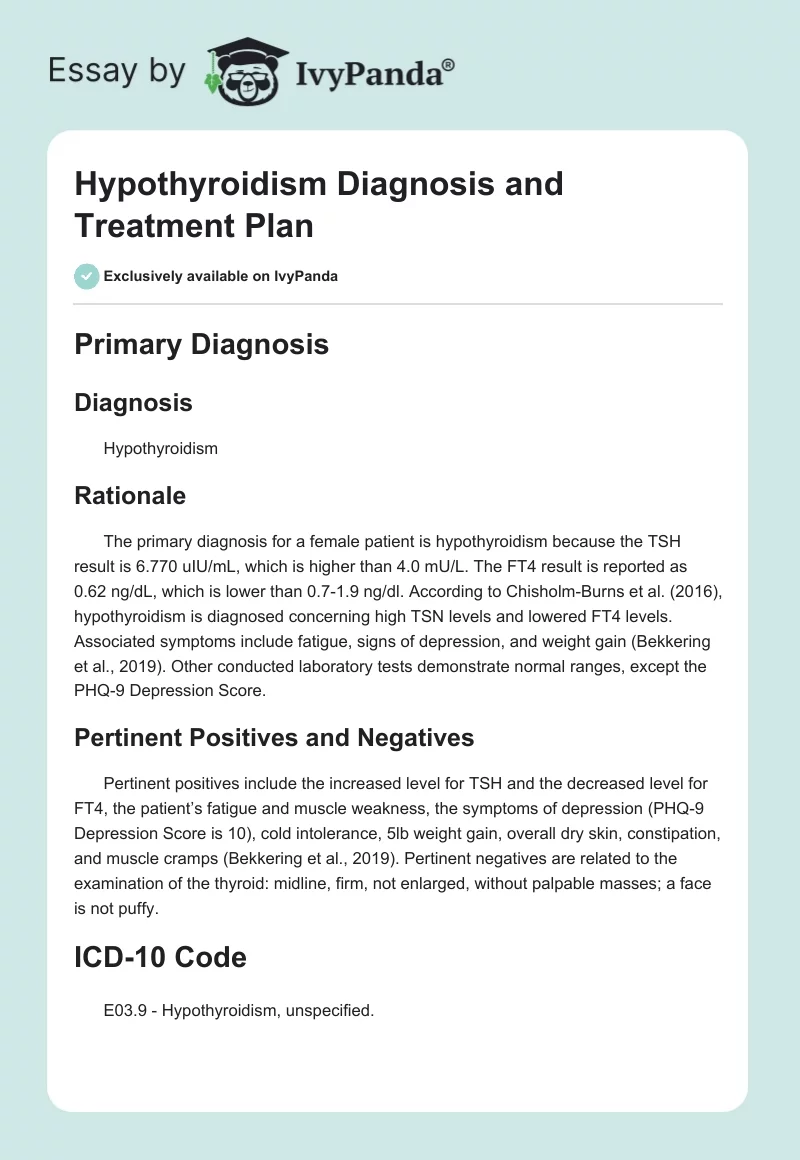 Hypothyroidism Diagnosis and Treatment Plan. Page 1