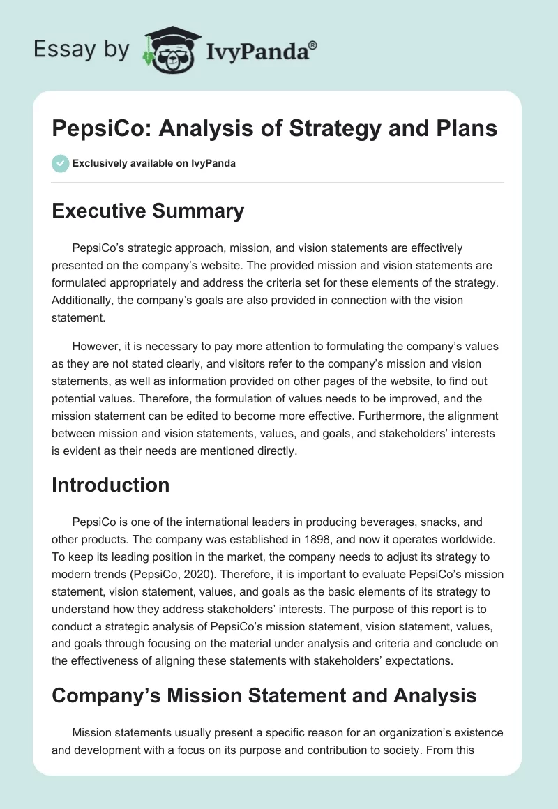 PepsiCo: Analysis of Strategy and Plans. Page 1