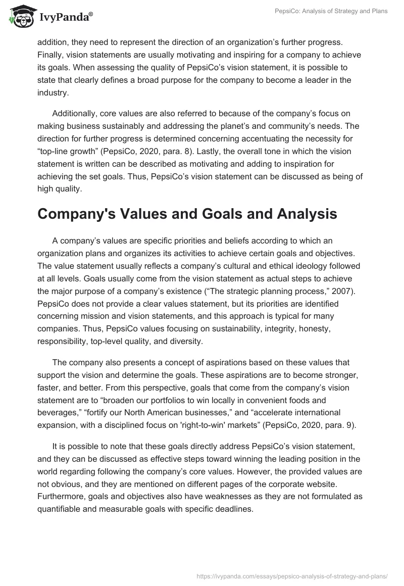 PepsiCo: Analysis of Strategy and Plans. Page 3