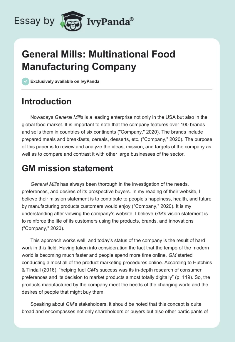 General Mills: Multinational Food Manufacturing Company. Page 1