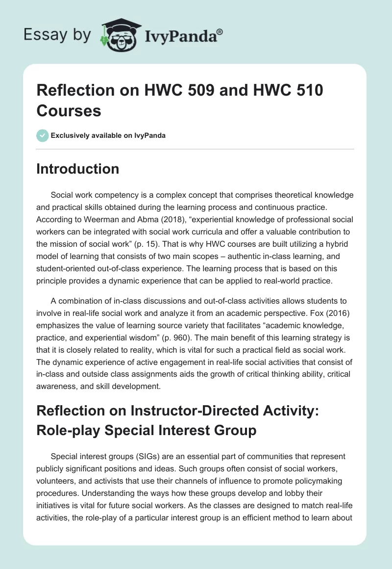 Reflection on HWC 509 and HWC 510 Courses. Page 1