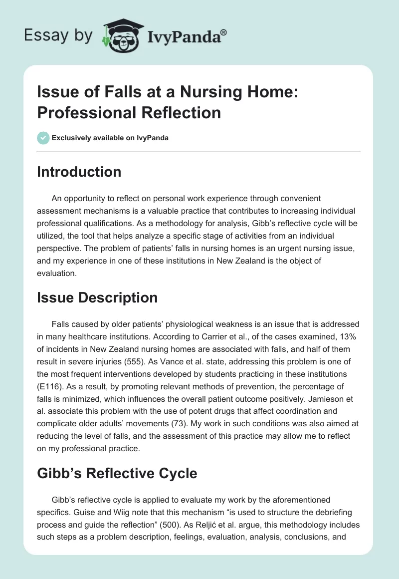 Issue of Falls at a Nursing Home: Professional Reflection. Page 1